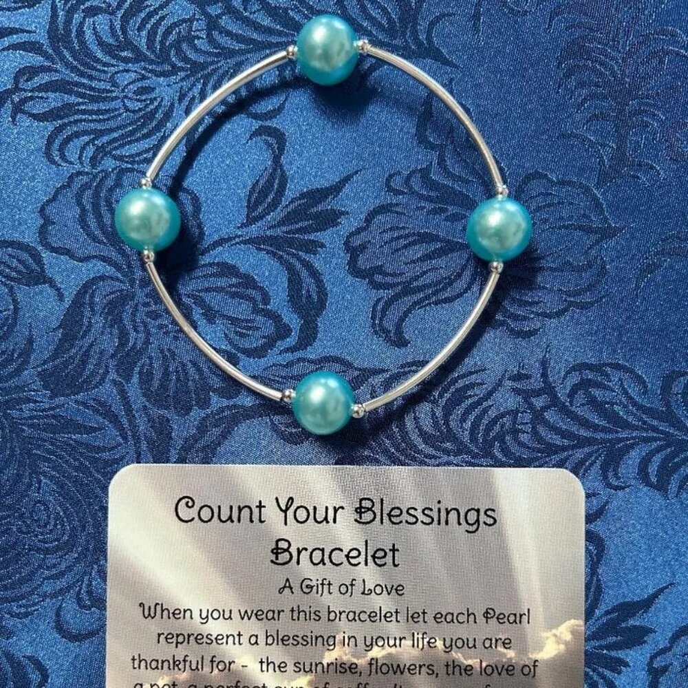 Gift of Love Blessing Bracelet Aqua/pearl stretchy scripture card Medium 7"-7.5"